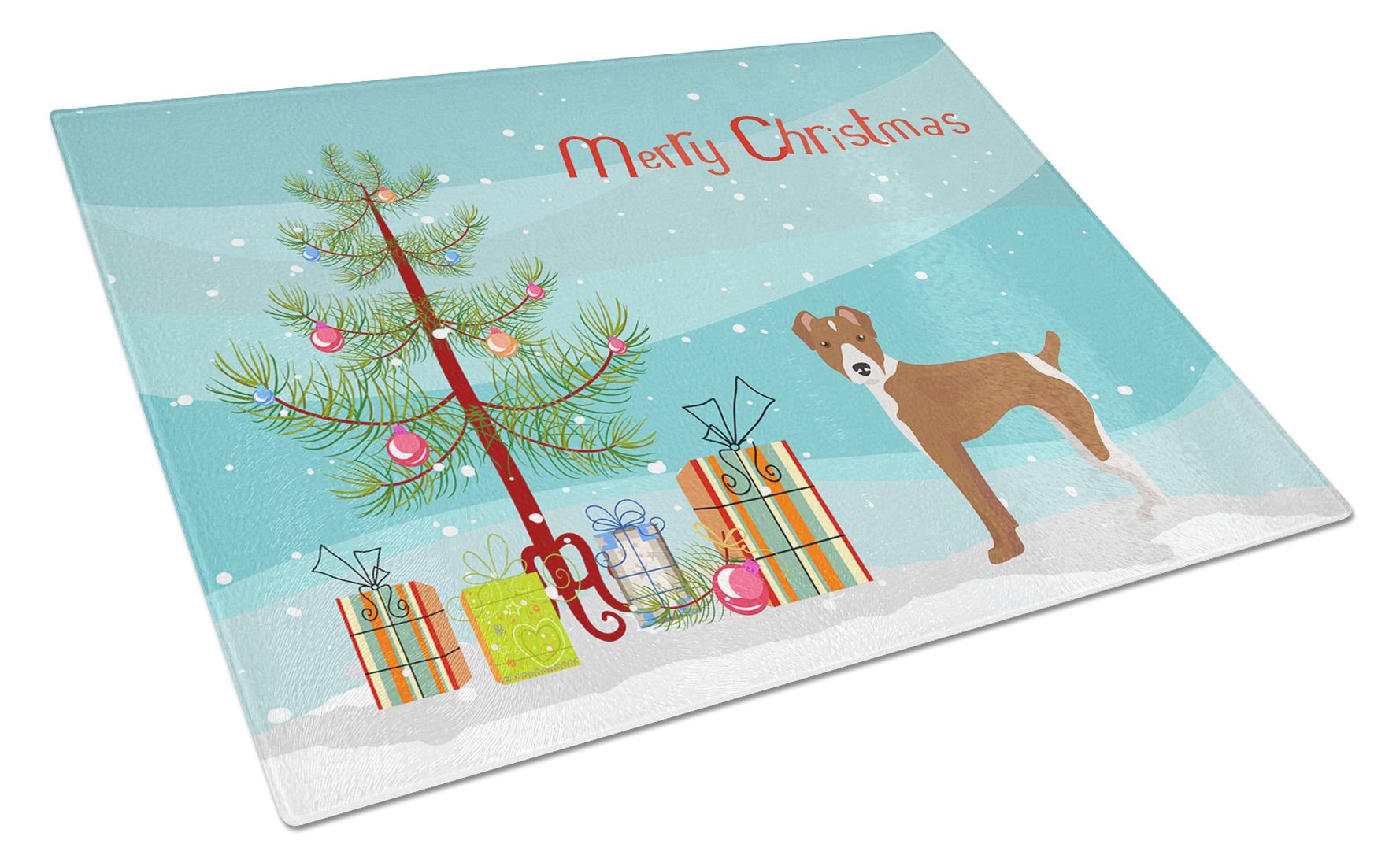 Rat Terrier Christmas Tree Cutting Board Tempered Glass Kitchen Cutting Surface, Heat Resistant Chopping, Non-Slip Feet, Food Prep & Serving