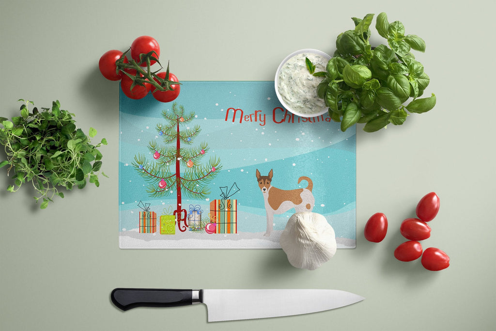 Tenterfield Terrier Christmas Tree Cutting Board Tempered Glass Kitchen Cutting Surface, Heat Resistant Chopping, Non-Slip Feet, Food Prep & Serving