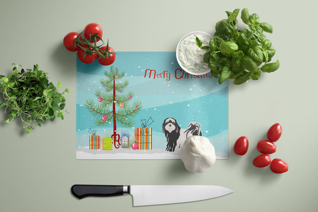 Tibetan Terrier Christmas Tree Cutting Board Tempered Glass Kitchen Cutting Surface, Heat Resistant Chopping, Non-Slip Feet, Food Prep & Serving