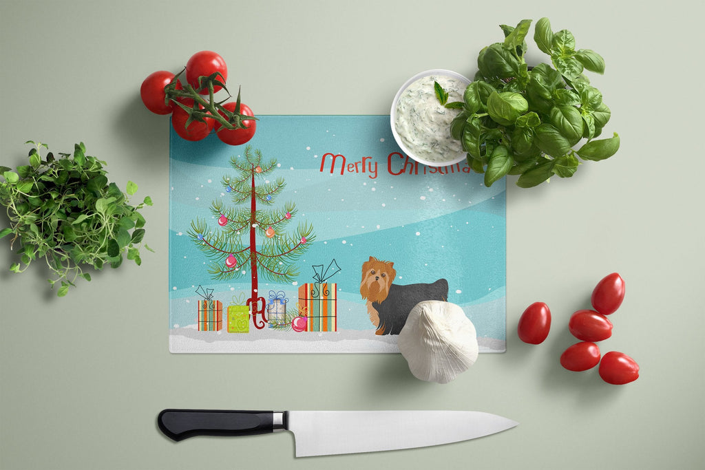 Yorkshire Terrier Christmas Tree Cutting Board Tempered Glass Kitchen Cutting Surface, Heat Resistant Chopping, Non-Slip Feet, Food Prep & Serving