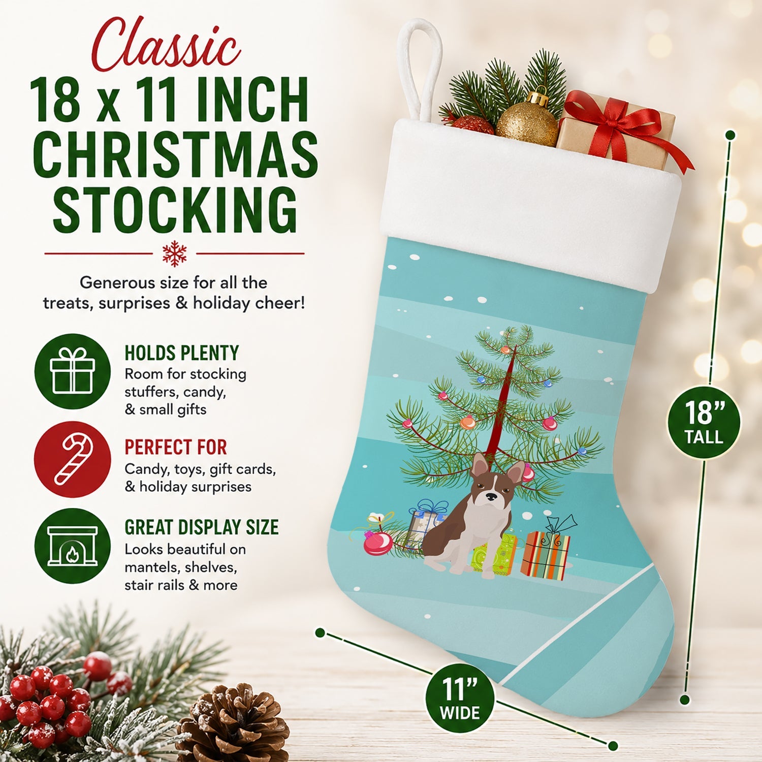 Boston Terrier Christmas Tree Holiday Stocking Double-Sided Print, Polyester Suede,11x18, Made in USA