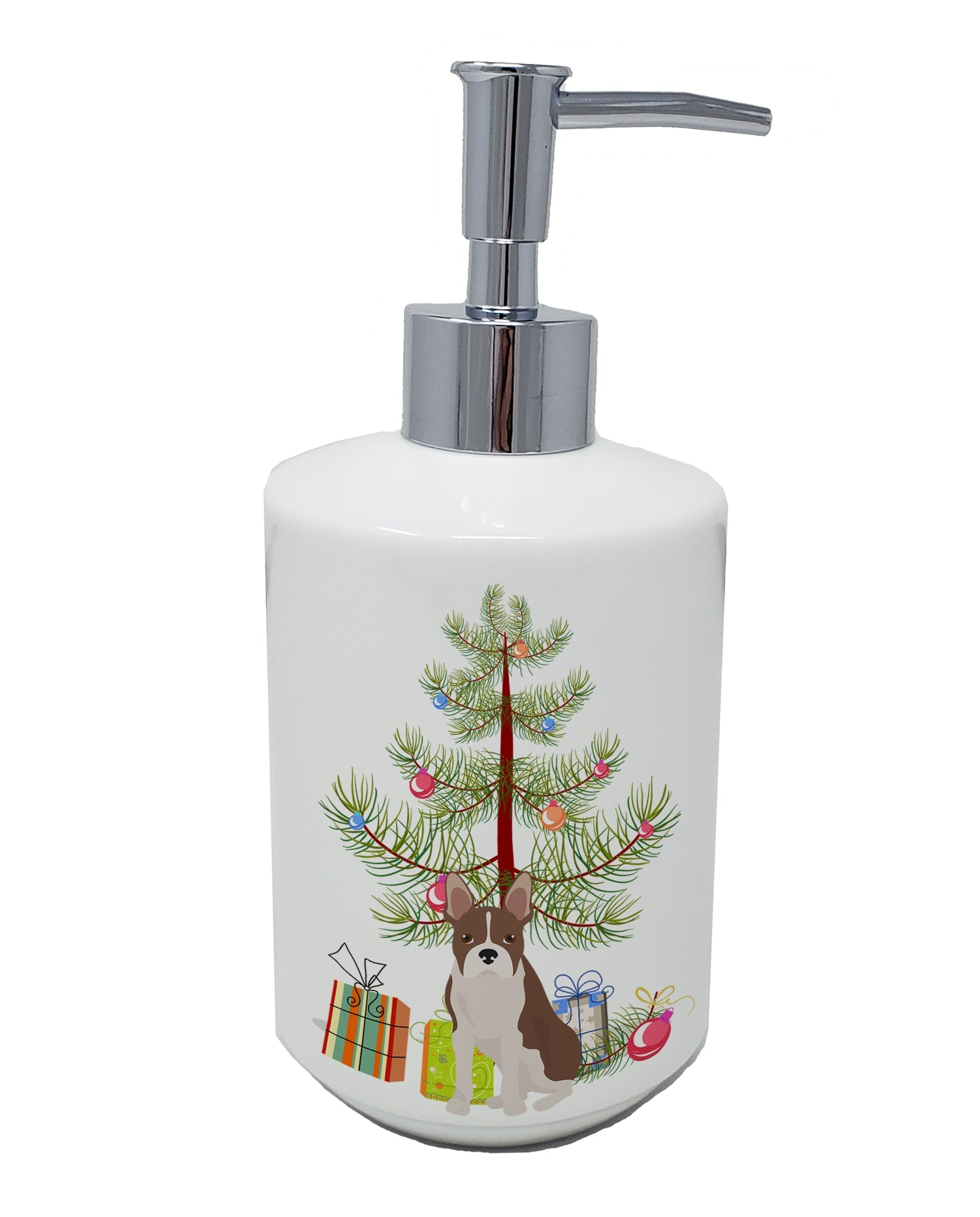 Boston Terrier Christmas Tree Ceramic Soap Dispenser , Empty Refillable Hand Soap Pump Bottle for Bathroom Kitchen