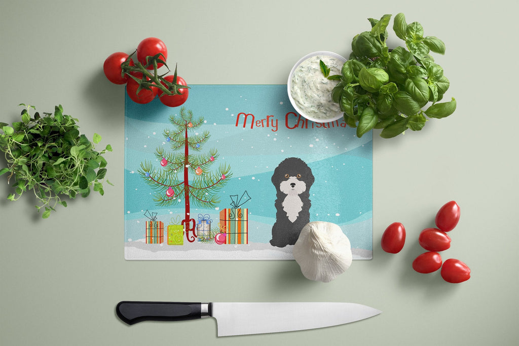 Black and White Cyprus Poodle Christmas Tree Cutting Board Tempered Glass Kitchen Cutting Surface, Heat Resistant Chopping, Non-Slip Feet, Food Prep & Serving