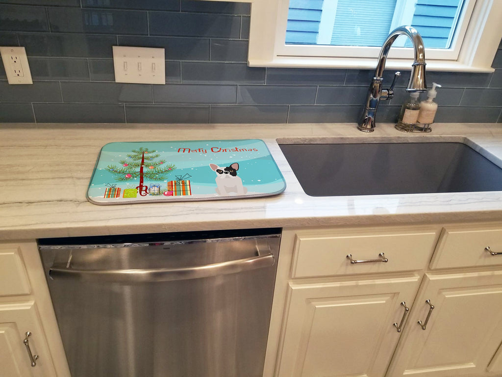 Black and White French Bulldog Christmas Tree Dish Drying Mat Absorbent Dish Drying Mat Pad for Kitchen Counter Dish Drainer Mat for Countertop, 14 x 21", Multicolor