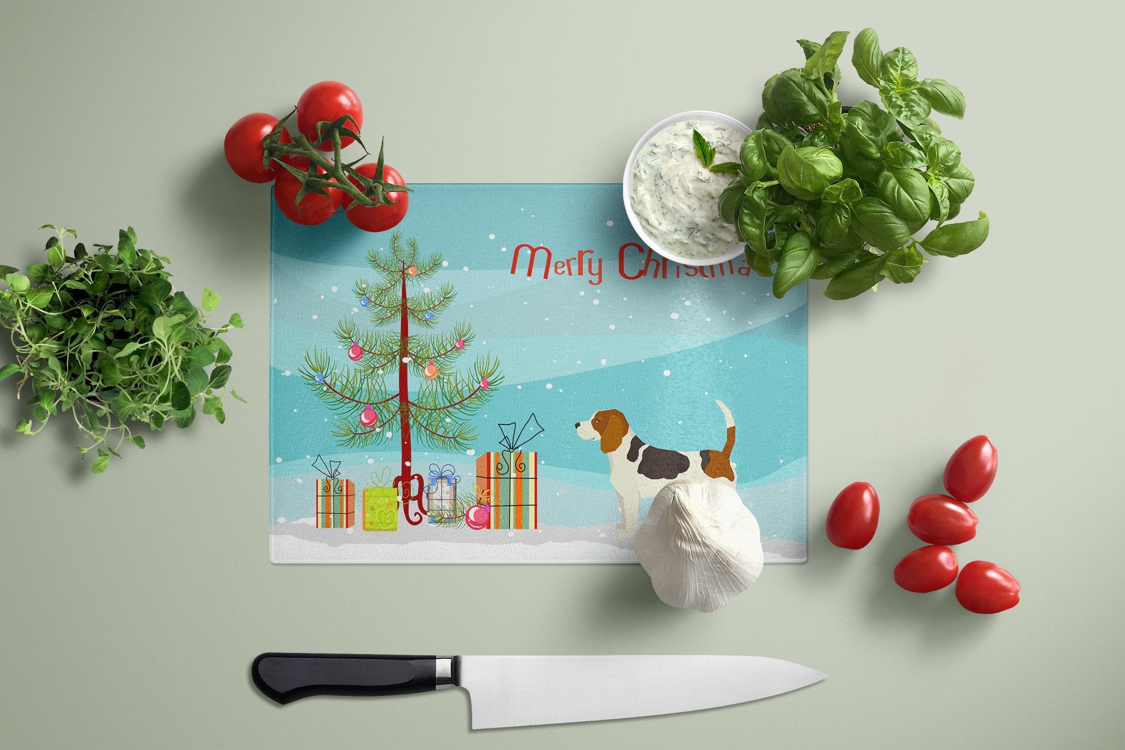 Beagle Christmas Tree Cutting Board Tempered Glass Kitchen Cutting Surface, Heat Resistant Chopping, Non-Slip Feet, Food Prep & Serving