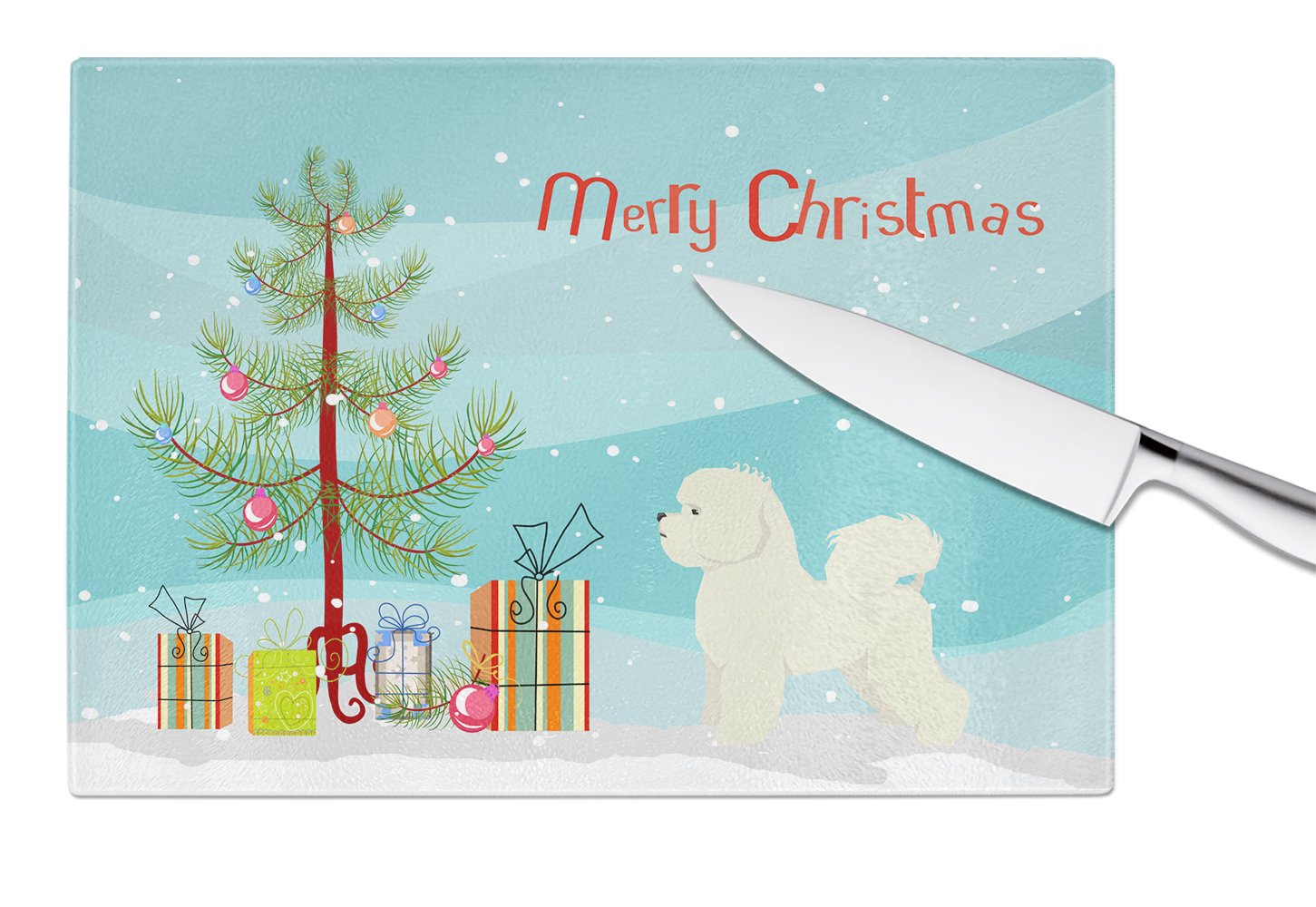 Bichon Frise Christmas Tree Cutting Board Tempered Glass Kitchen Cutting Surface, Heat Resistant Chopping, Non-Slip Feet, Food Prep & Serving