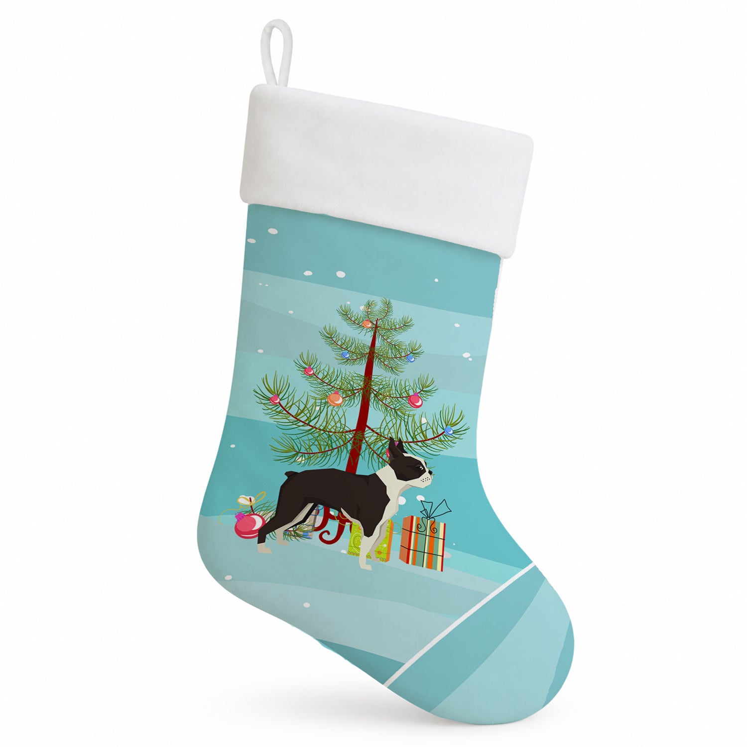 Boston Terrier Christmas Tree Holiday Stocking Double-Sided Print, Polyester Suede,11x18, Made in USA