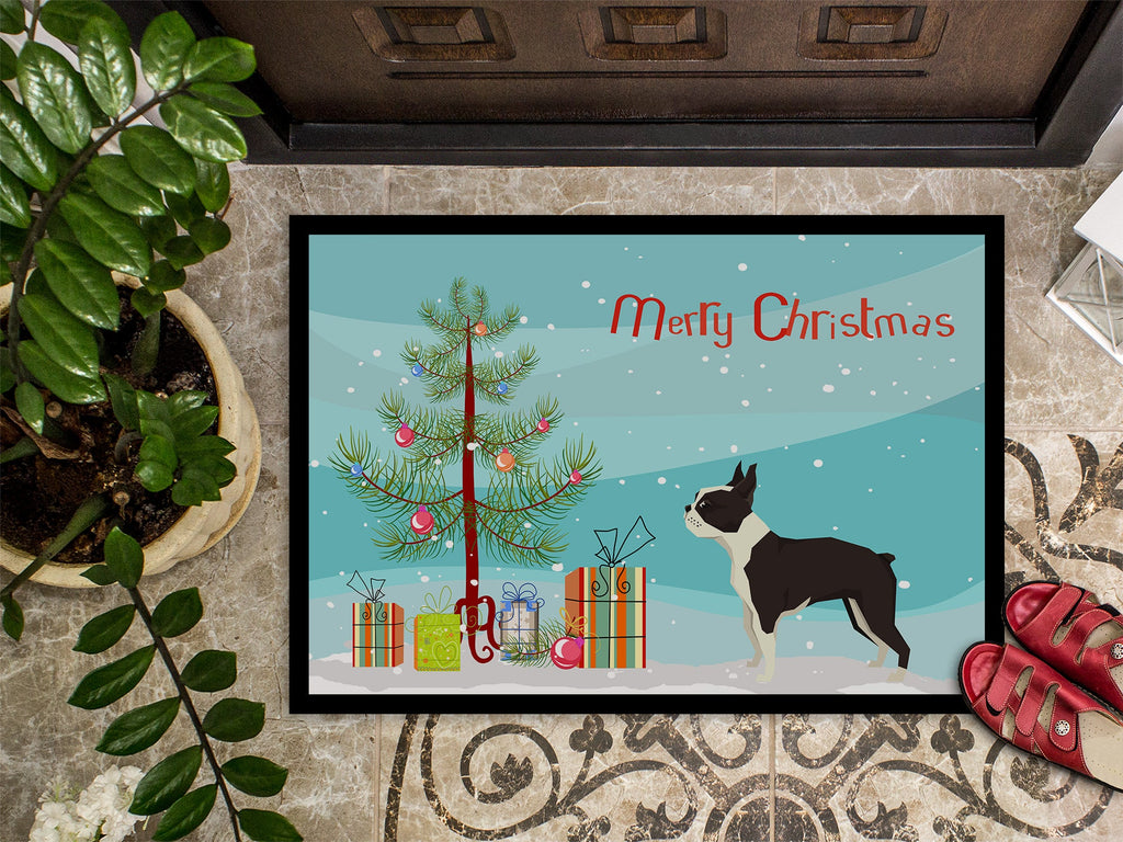 Boston Terrier Christmas Tree Doormat Indoor Outdoor 24H X 36W Front Door Mat Rugs for Entryway, Non Slip Washable Low Pile,