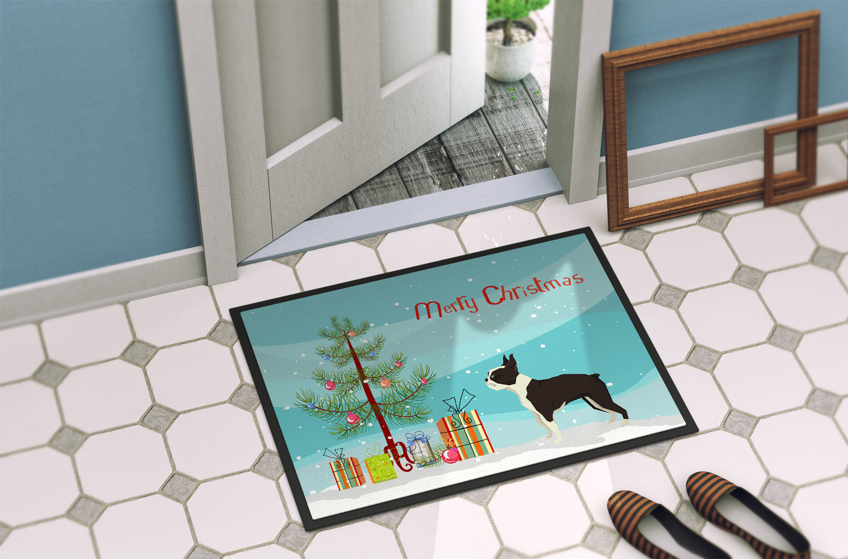 Boston Terrier Christmas Tree Doormat Indoor Outdoor 24H X 36W Front Door Mat Rugs for Entryway, Non Slip Washable Low Pile,