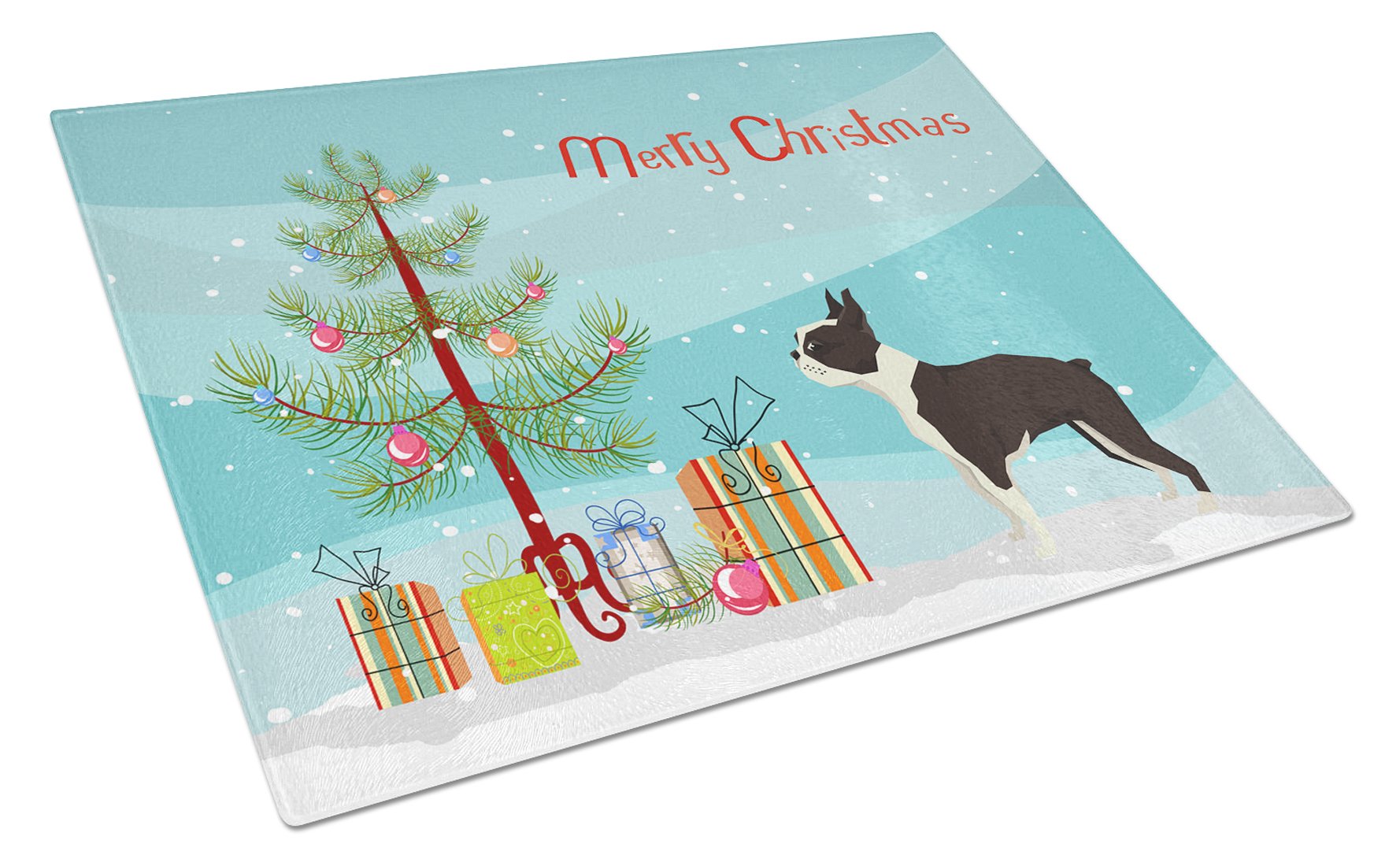 Boston Terrier Christmas Tree Cutting Board Tempered Glass Kitchen Cutting Surface, Heat Resistant Chopping, Non-Slip Feet, Food Prep & Serving