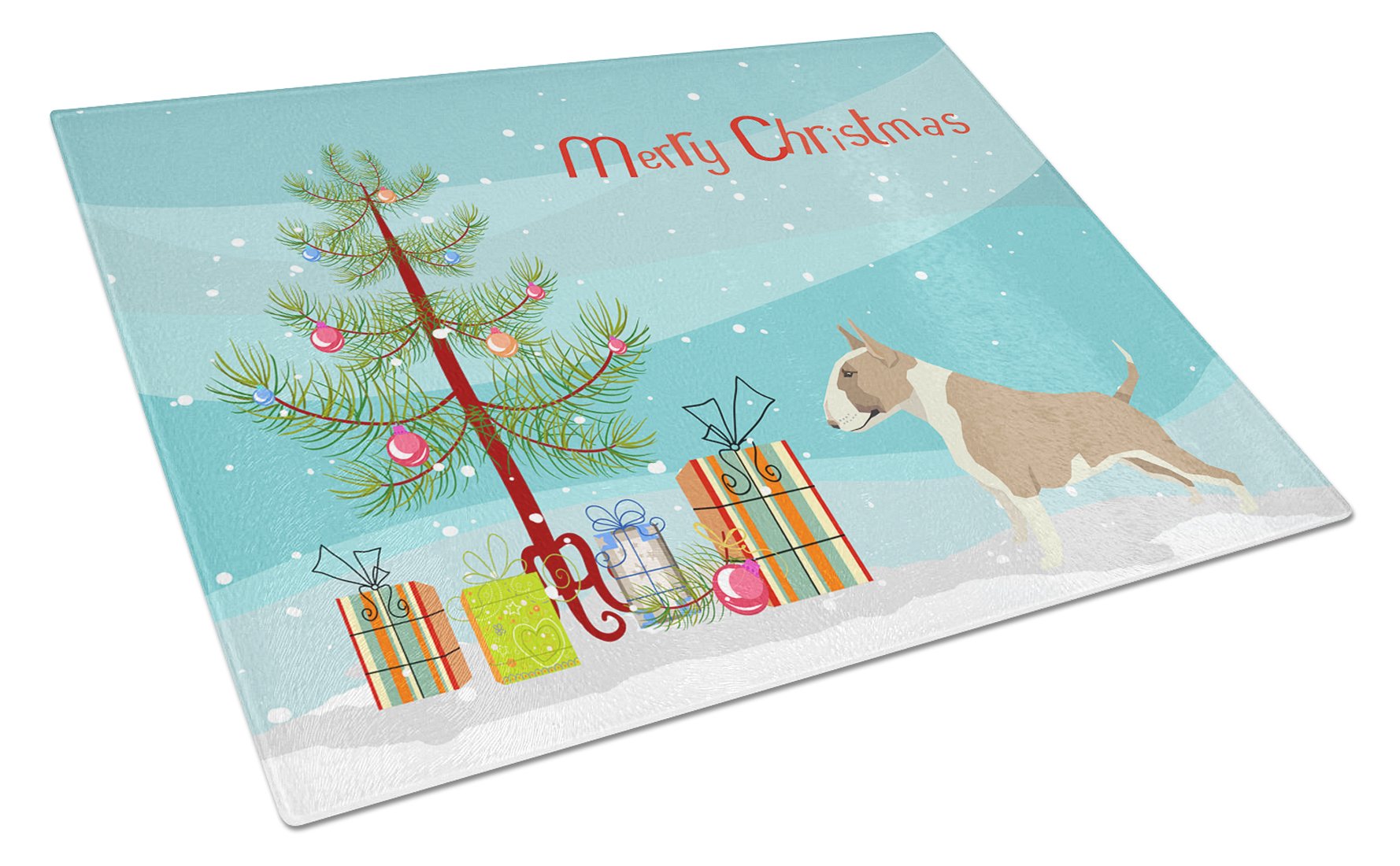 Fawn and White Bull Terrier Christmas Tree Cutting Board Tempered Glass Kitchen Cutting Surface, Heat Resistant Chopping, Non-Slip Feet, Food Prep & Serving