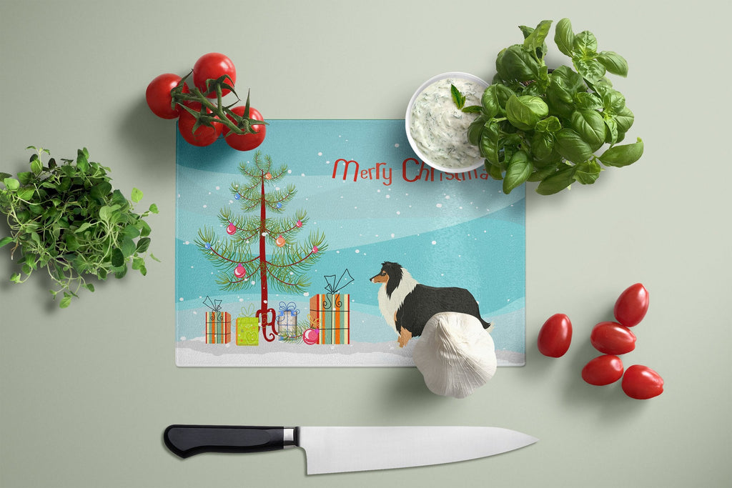 Collie Christmas Tree Cutting Board Tempered Glass Kitchen Cutting Surface, Heat Resistant Chopping, Non-Slip Feet, Food Prep & Serving