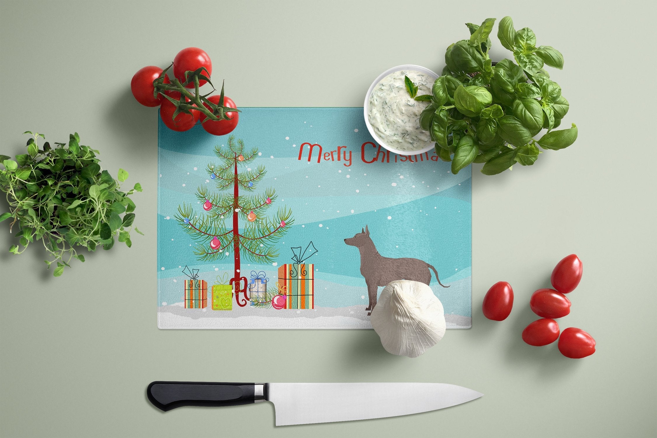 Mexican Hairless Dog Xolo Christmas Tree Cutting Board Tempered Glass Kitchen Cutting Surface, Heat Resistant Chopping, Non-Slip Feet, Food Prep & Serving