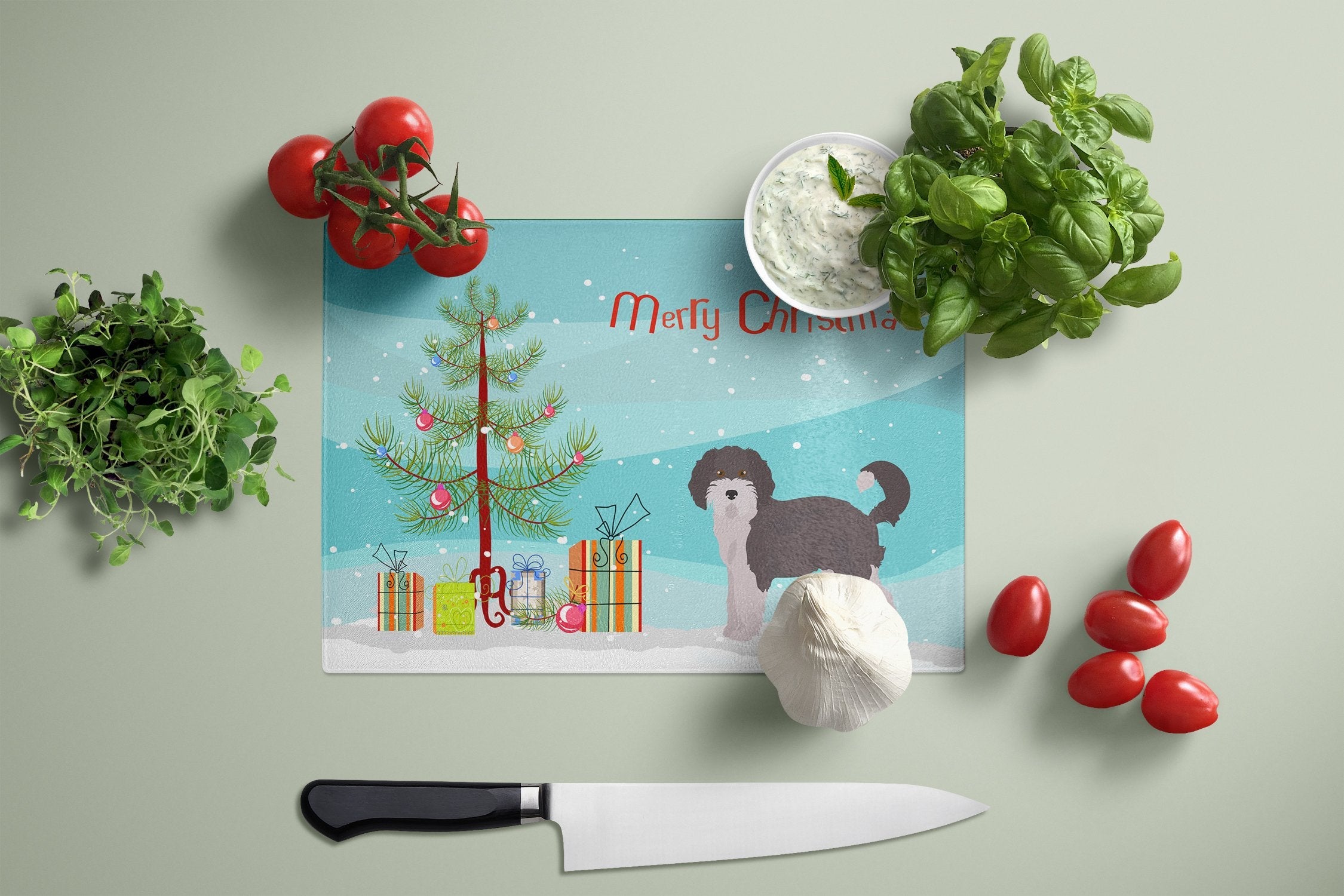 Aussiedoodle #1 Christmas Tree Cutting Board Tempered Glass Kitchen Cutting Surface, Heat Resistant Chopping, Non-Slip Feet, Food Prep & Serving