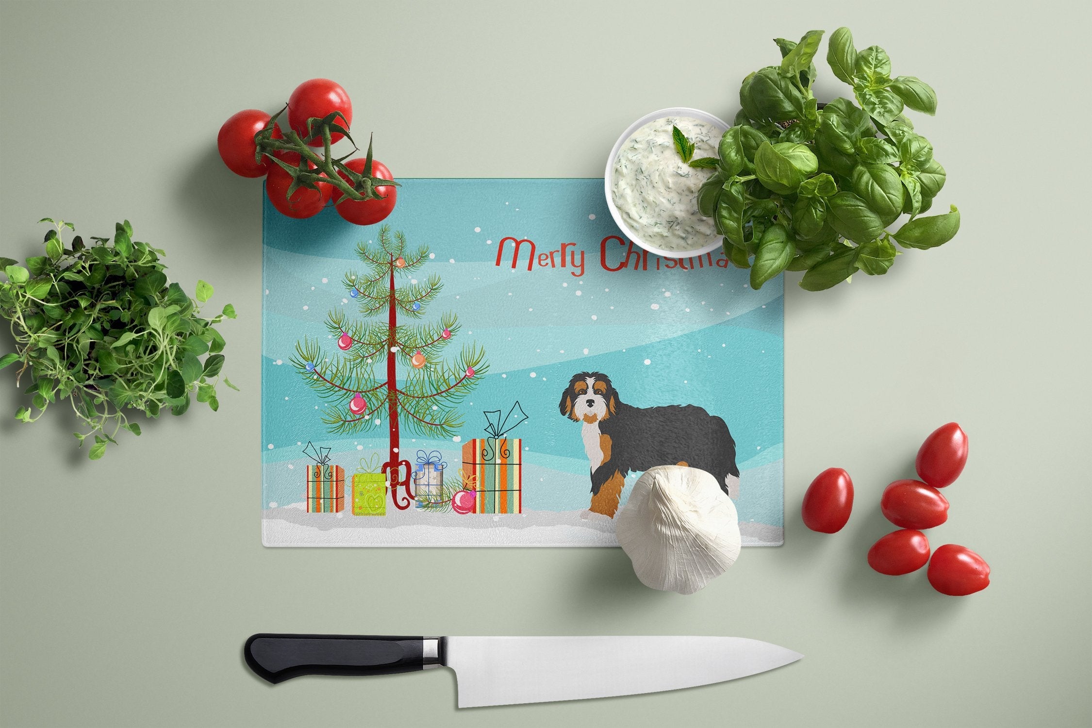 Bernedoodle Christmas Tree Cutting Board Tempered Glass Kitchen Cutting Surface, Heat Resistant Chopping, Non-Slip Feet, Food Prep & Serving