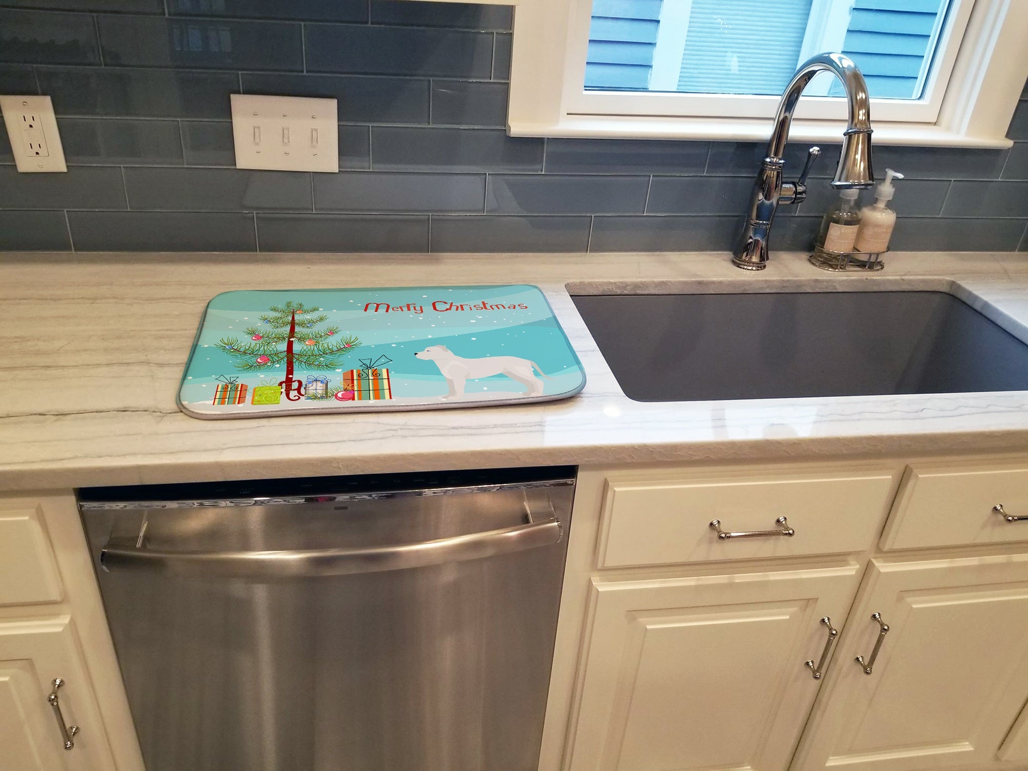 White Bullboxer Christmas Tree Dish Drying Mat Absorbent Dish Drying Mat Pad for Kitchen Counter Dish Drainer Mat for Countertop, 14 x 21", Multicolor