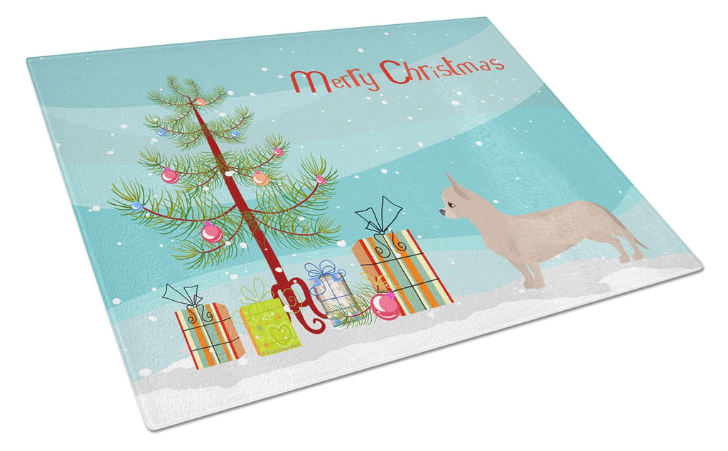 Tan Chiweenie Christmas Tree Cutting Board Tempered Glass Kitchen Cutting Surface, Heat Resistant Chopping, Non-Slip Feet, Food Prep & Serving