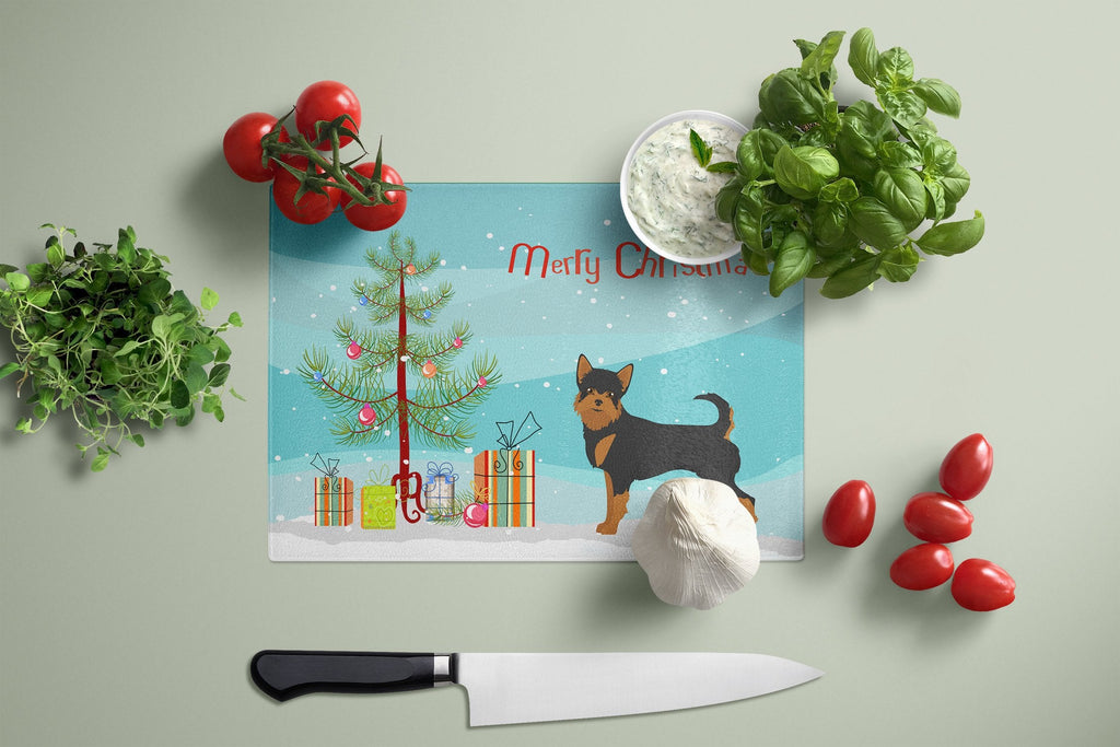 Black and Tan Chorkie Christmas Tree Cutting Board Tempered Glass Kitchen Cutting Surface, Heat Resistant Chopping, Non-Slip Feet, Food Prep & Serving