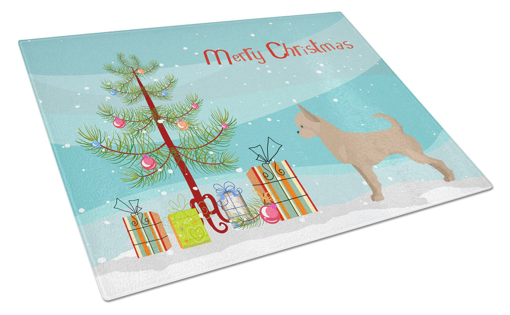 Tan Chorkie Christmas Tree Cutting Board Tempered Glass Kitchen Cutting Surface, Heat Resistant Chopping, Non-Slip Feet, Food Prep & Serving