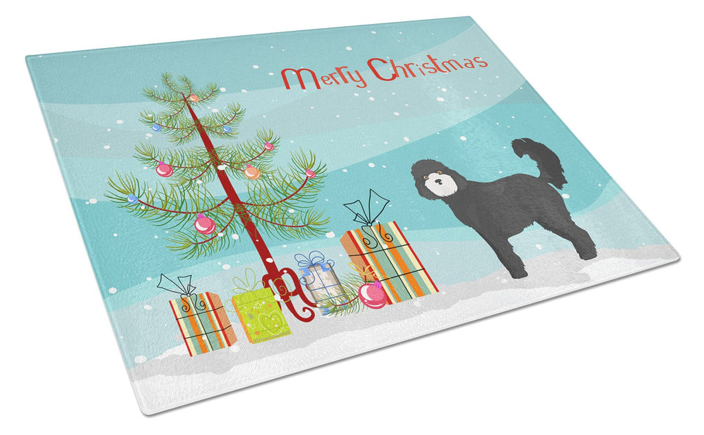 Black Cockapoo Christmas Tree Cutting Board Tempered Glass Kitchen Cutting Surface, Heat Resistant Chopping, Non-Slip Feet, Food Prep & Serving