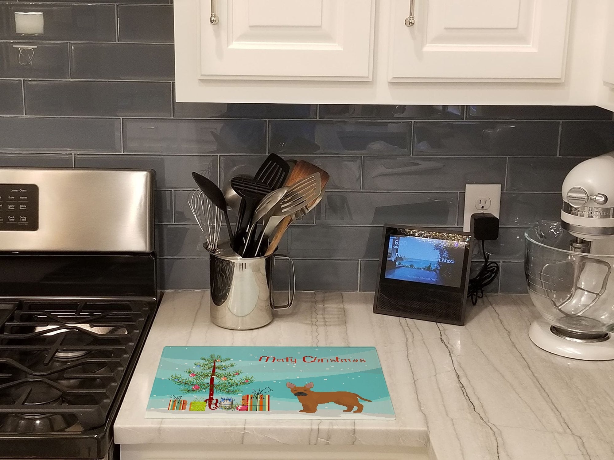 Tan French Bulldog Pit Bull Mix Christmas Tree Cutting Board Tempered Glass Kitchen Cutting Surface, Heat Resistant Chopping, Non-Slip Feet, Food Prep & Serving