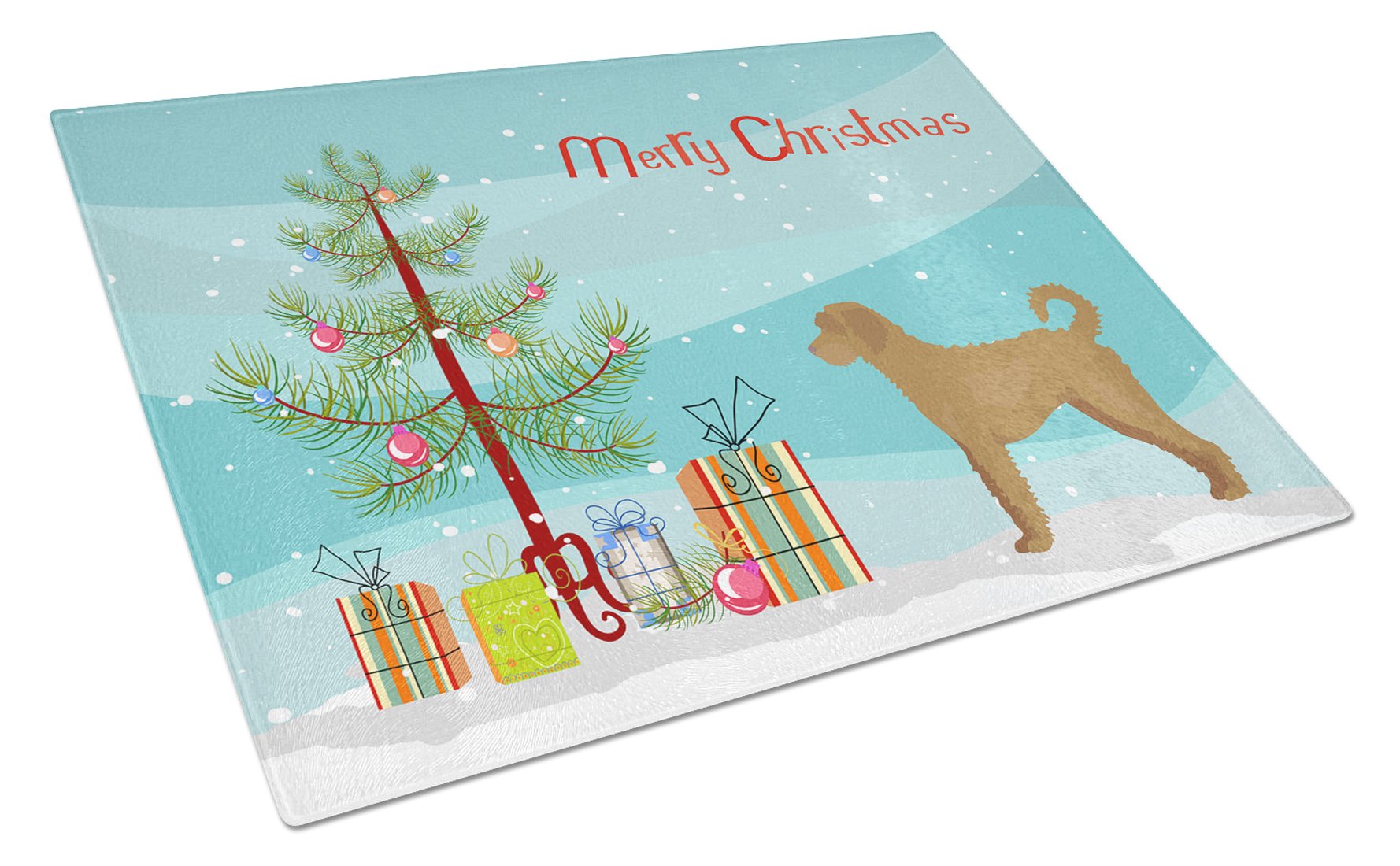 Tan Labradoodle Christmas Tree Cutting Board Tempered Glass Kitchen Cutting Surface, Heat Resistant Chopping, Non-Slip Feet, Food Prep & Serving