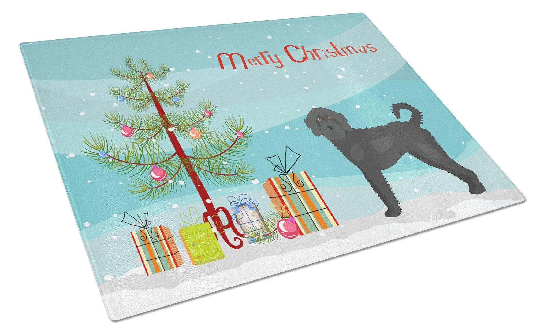 Black Labradoodle Christmas Tree Cutting Board Tempered Glass Kitchen Cutting Surface, Heat Resistant Chopping, Non-Slip Feet, Food Prep & Serving