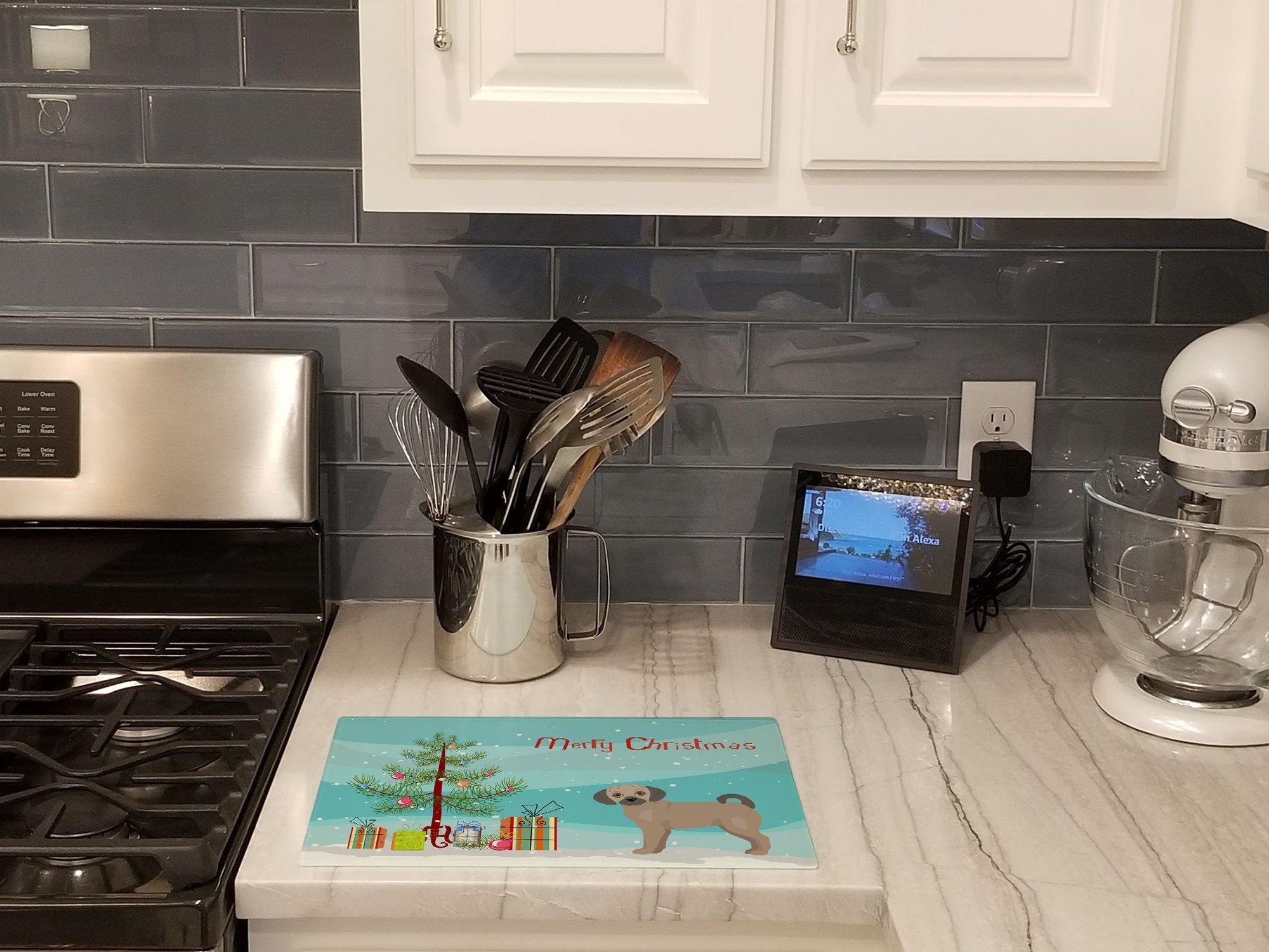 Fawn Puggle Christmas Tree Cutting Board Tempered Glass Kitchen Cutting Surface, Heat Resistant Chopping, Non-Slip Feet, Food Prep & Serving