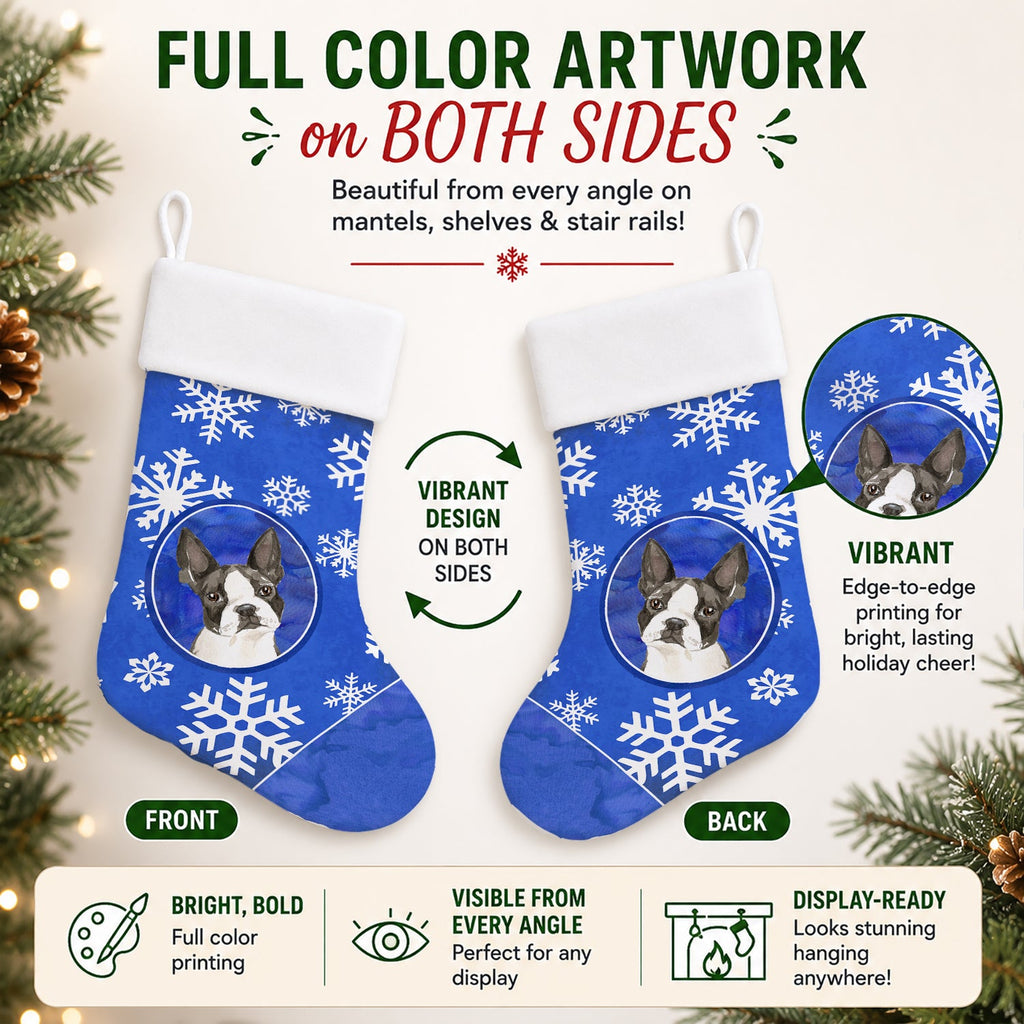 Boston Terrier Winter Snowflakes Holiday Stocking Double-Sided Print, Polyester Suede,11x18, Made in USA