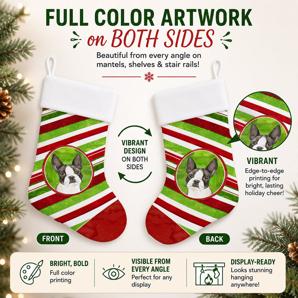 Boston Terrier Christmas Candy Stripe Holiday Stocking Double-Sided Print, Polyester Suede,11x18, Made in USA