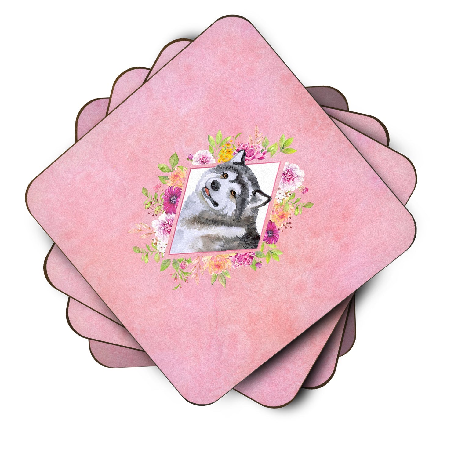 Alaskan Malamute Pink Flowers Foam Coasters Set of 4 Cup Coasters for Indoor Outdoor, Tabletop Protection, Anti Slip, Mouse pad Material