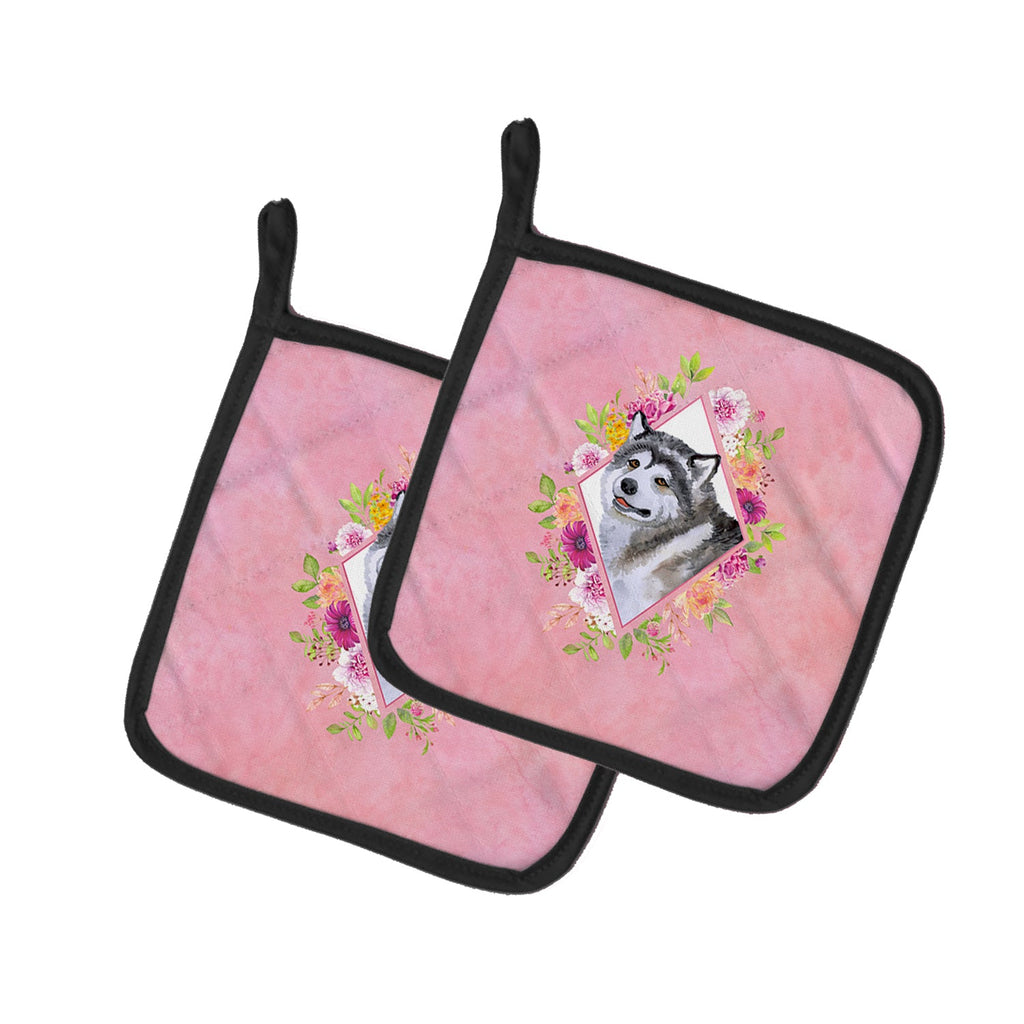 Alaskan Malamute Pink Flowers Pot Holder Set of 2 Heat Resistant Quilted Hot Pads 7.5 x 7.5 Inch, Insulated Kitchen Trivets for Cooking & Baking