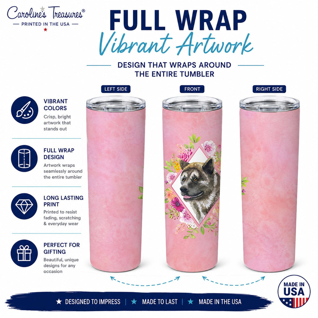 Akita Pink Flowers Stainless Steel Skinny Tumbler 20 oz Vacuum Double Walled Reusable Insulated Travel Cup