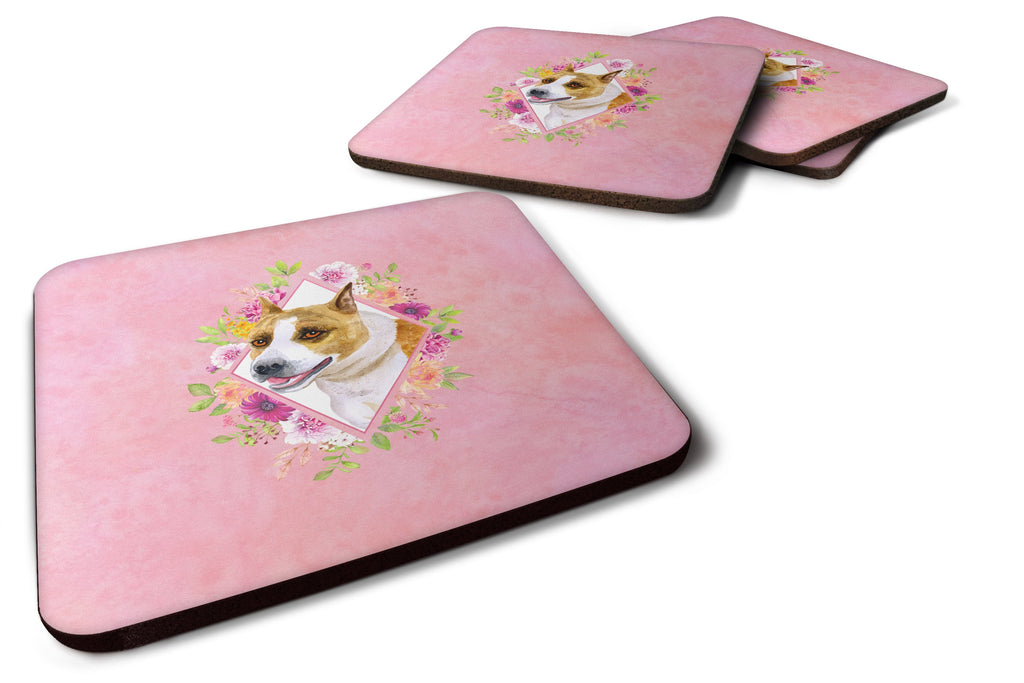 Bull Terrier Pink Flowers Foam Coasters Set of 4 Cup Coasters for Indoor Outdoor, Tabletop Protection, Anti Slip, Mouse pad Material