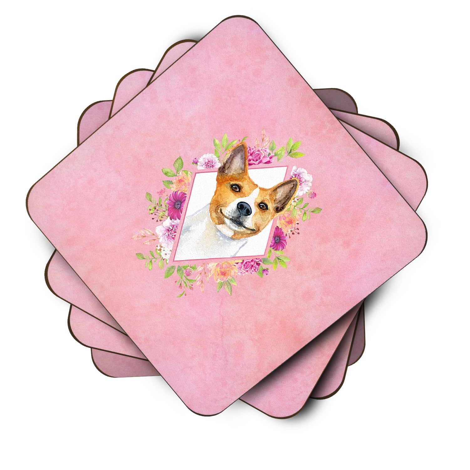 Basenji Pink Flowers Foam Coasters Set of 4 Cup Coasters for Indoor Outdoor, Tabletop Protection, Anti Slip, Mouse pad Material