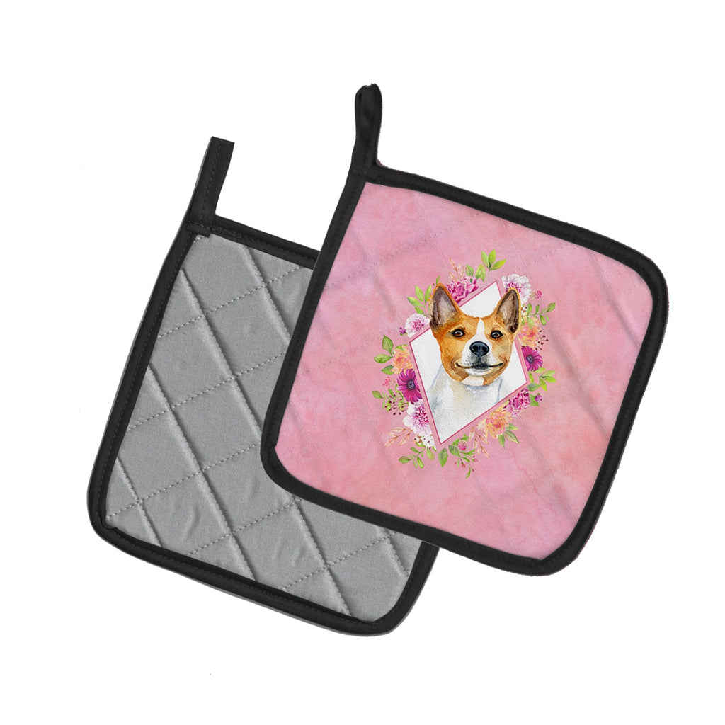 Basenji Pink Flowers Pot Holder Set of 2 Heat Resistant Quilted Hot Pads 7.5 x 7.5 Inch, Insulated Kitchen Trivets for Cooking & Baking