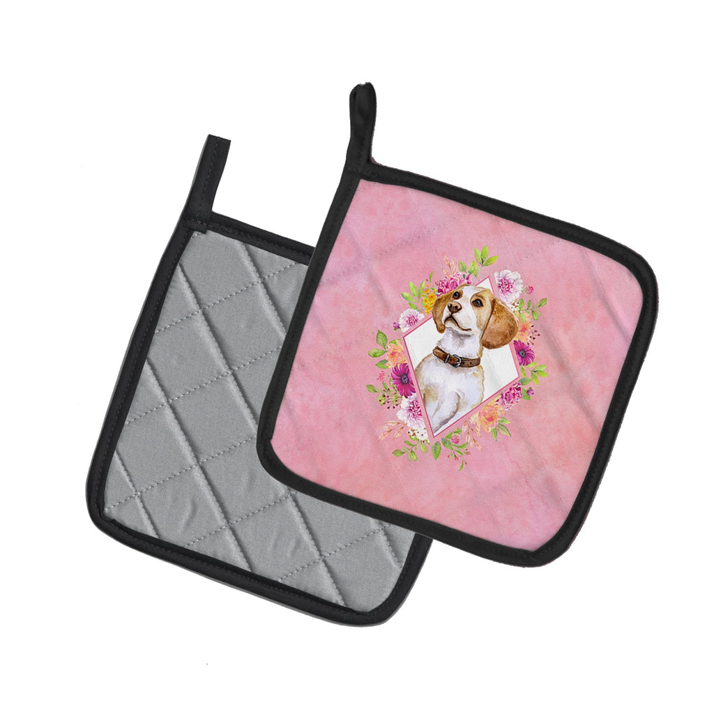 Beagle Pink Flowers Pot Holder Set of 2 Heat Resistant Quilted Hot Pads 7.5 x 7.5 Inch, Insulated Kitchen Trivets for Cooking & Baking