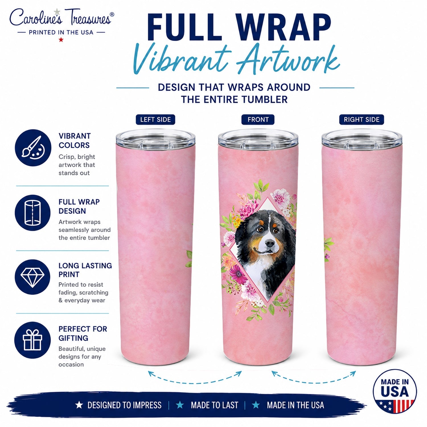 Bernese Mountain Dog Pink Flowers Stainless Steel Skinny Tumbler 20 oz Vacuum Double Walled Reusable Insulated Travel Cup
