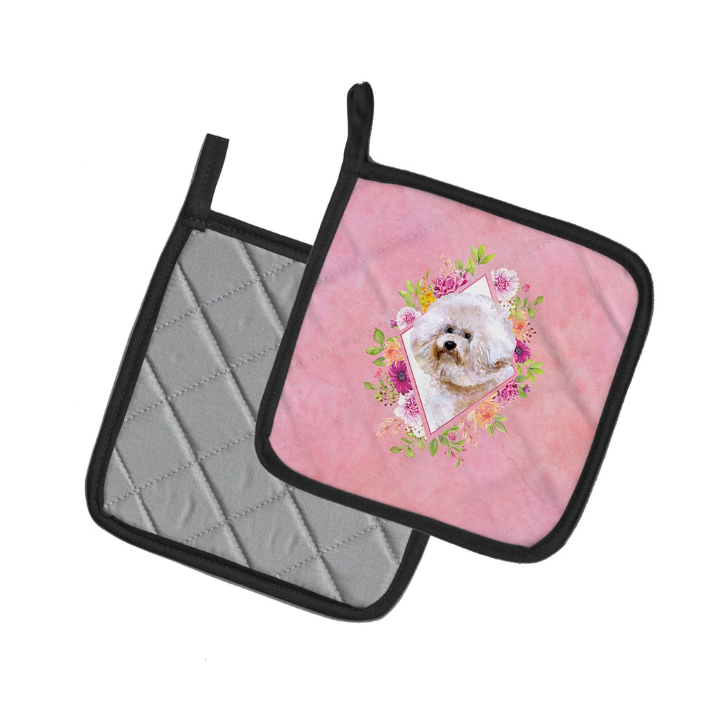 Bichon Frisé #1 Pink Flowers Pot Holder Set of 2 Heat Resistant Quilted Hot Pads 7.5 x 7.5 Inch, Insulated Kitchen Trivets for Cooking & Baking