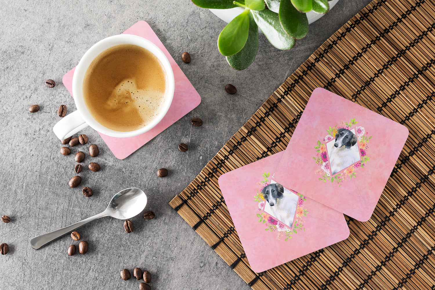 Borzoi Pink Flowers Foam Coasters Set of 4 Cup Coasters for Indoor Outdoor, Tabletop Protection, Anti Slip, Mouse pad Material