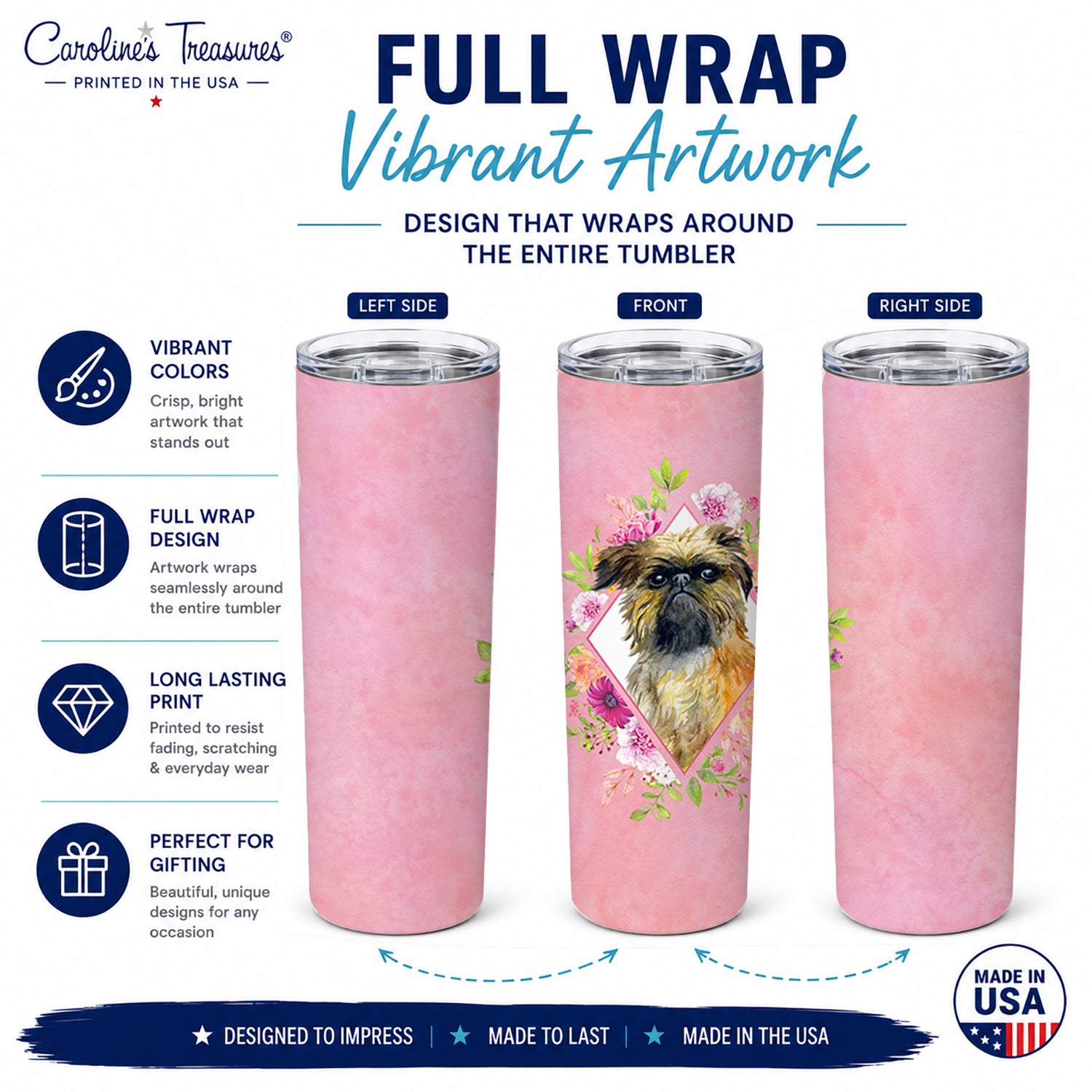Brussels Griffon Pink Flowers Stainless Steel Skinny Tumbler 20 oz Vacuum Double Walled Reusable Insulated Travel Cup