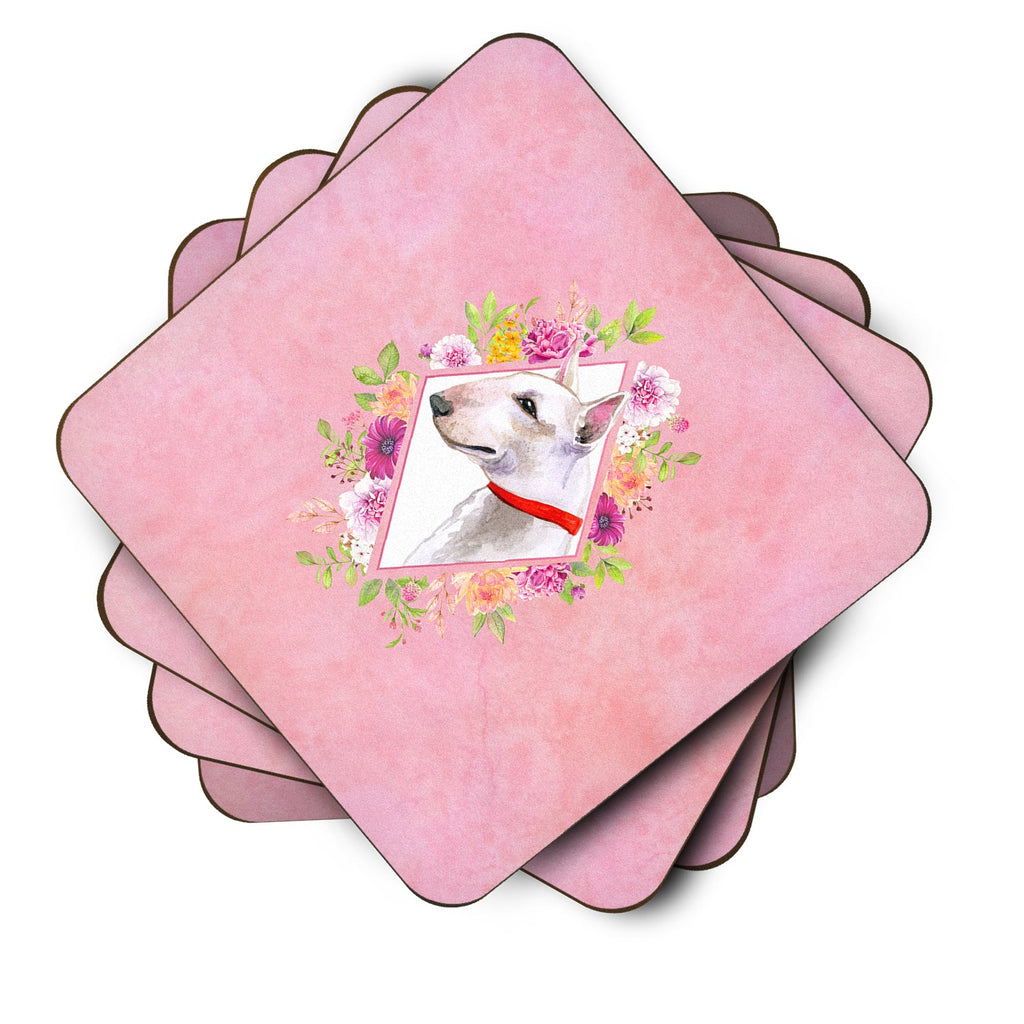 Bull Terrier Pink Flowers Foam Coasters Set of 4 Cup Coasters for Indoor Outdoor, Tabletop Protection, Anti Slip, Mouse pad Material