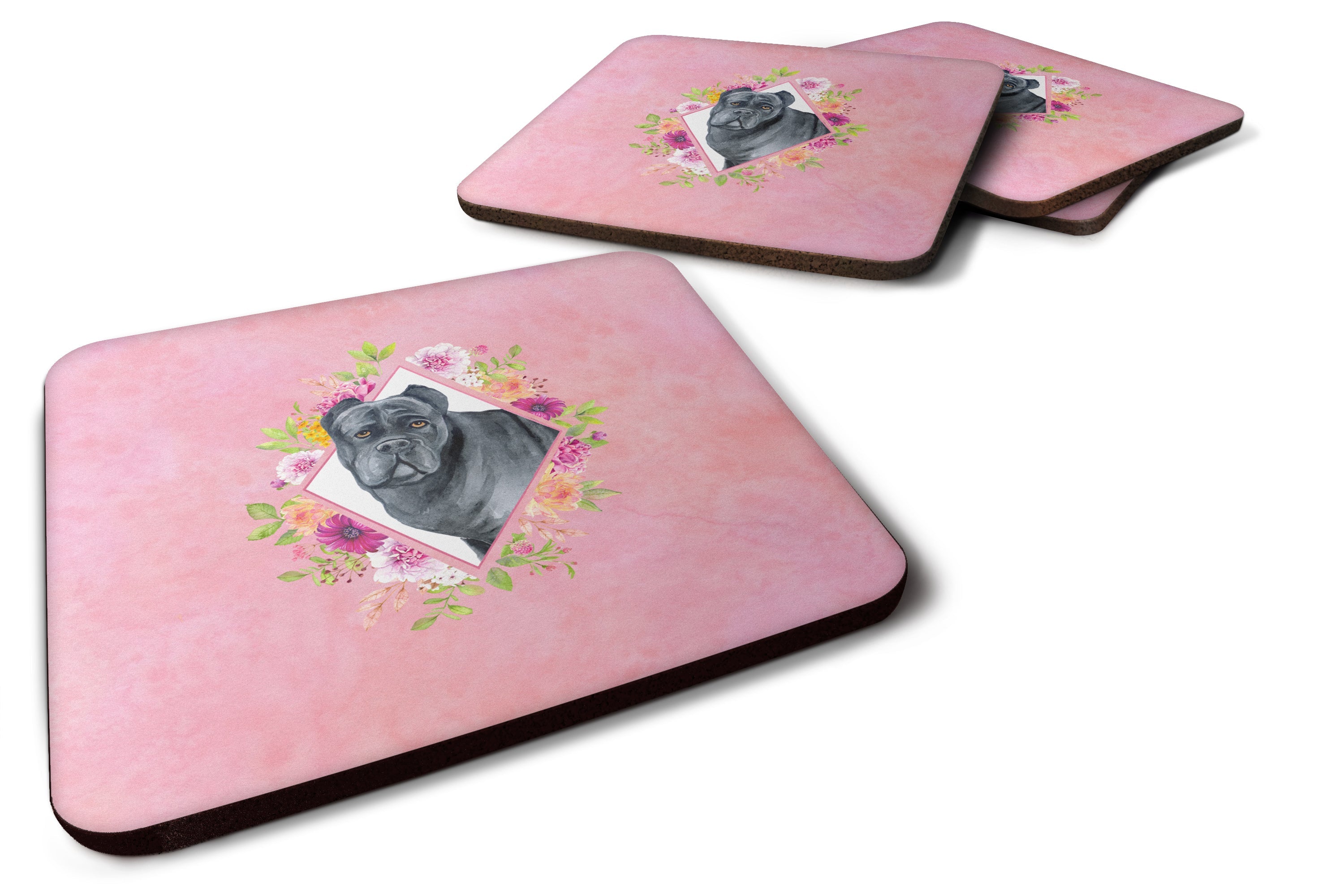 Cane Corso Pink Flowers Foam Coasters Set of 4 Cup Coasters for Indoor Outdoor, Tabletop Protection, Anti Slip, Mouse pad Material
