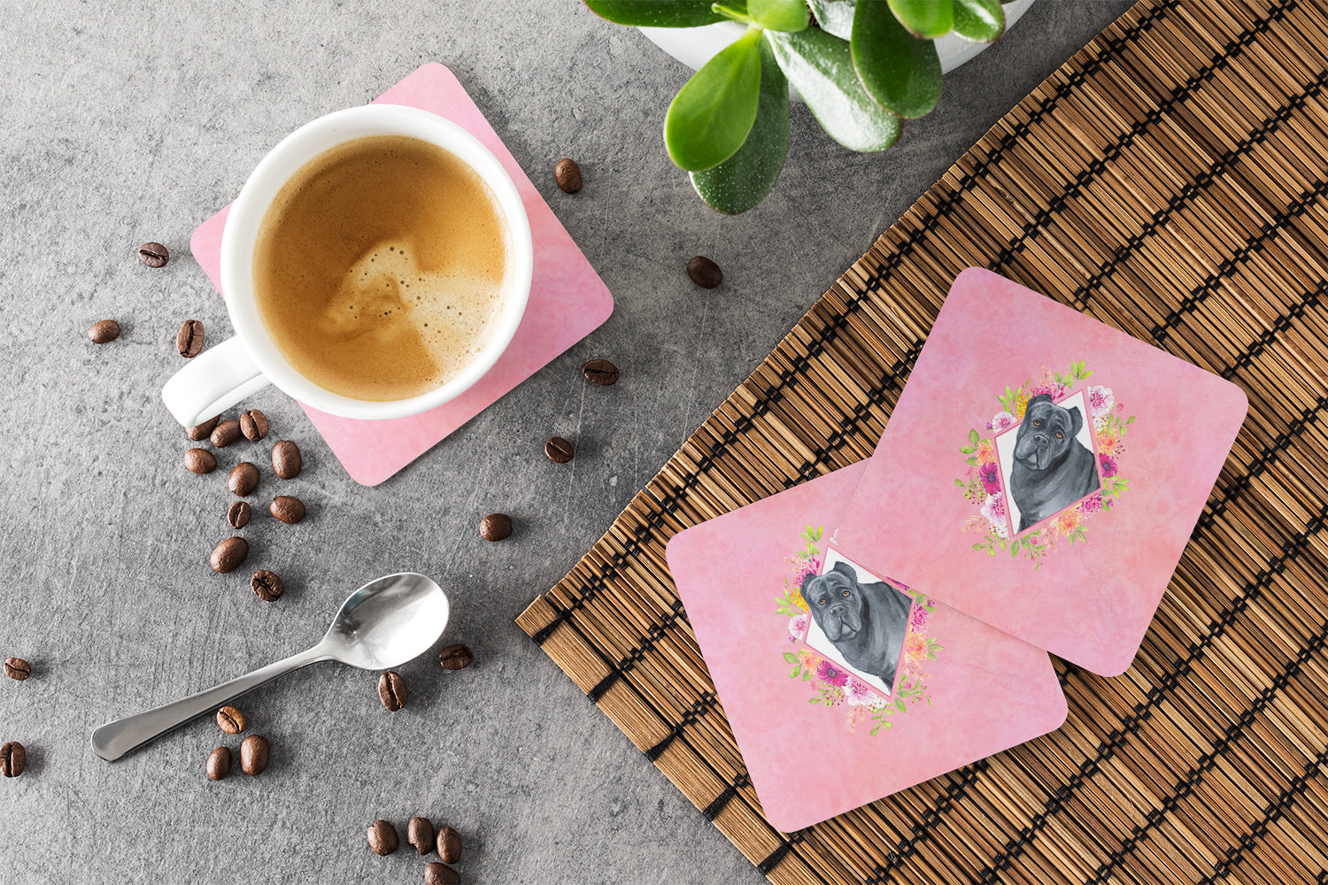 Cane Corso Pink Flowers Foam Coasters Set of 4 Cup Coasters for Indoor Outdoor, Tabletop Protection, Anti Slip, Mouse pad Material