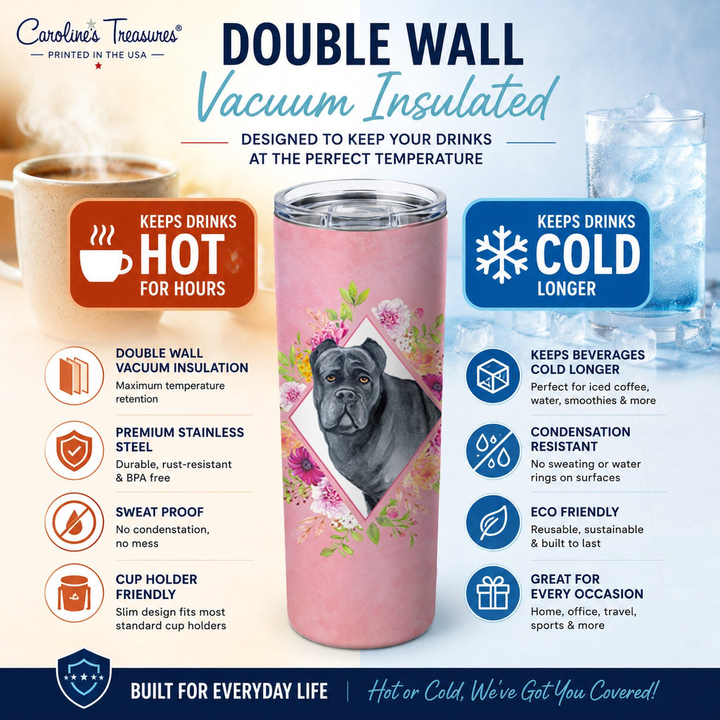 Cane Corso Pink Flowers Stainless Steel Skinny Tumbler 20 oz Vacuum Double Walled Reusable Insulated Travel Cup