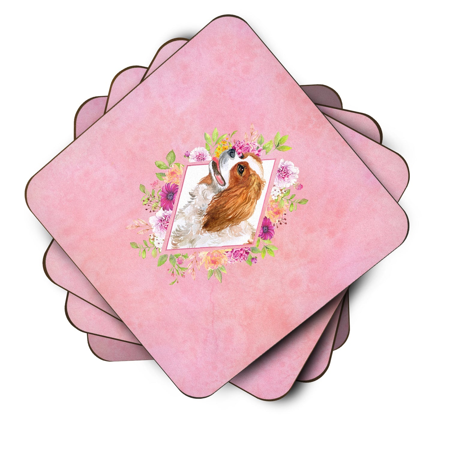 Cavalier King Charles Spaniel Pink Flowers Foam Coasters Set of 4 Cup Coasters for Indoor Outdoor, Tabletop Protection, Anti Slip, Mouse pad Material