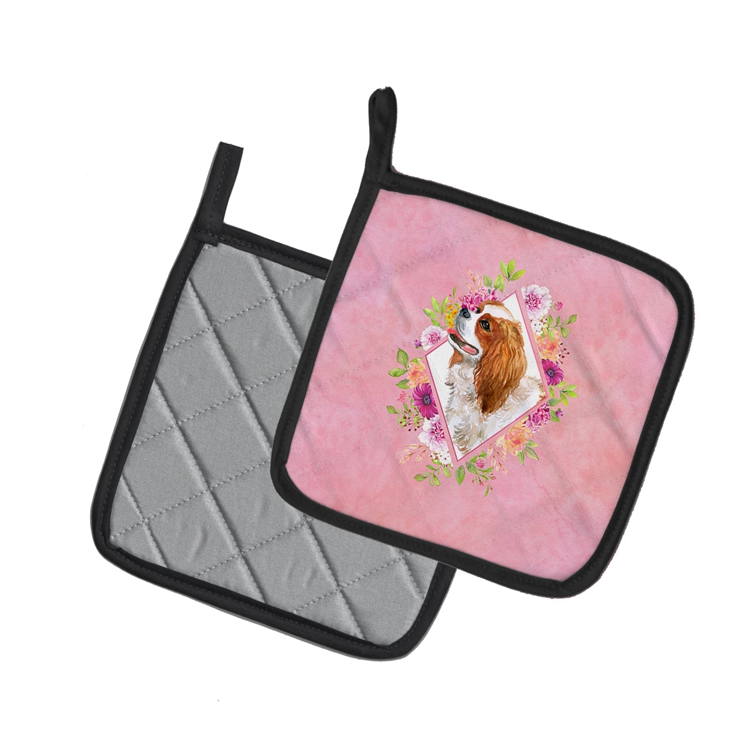 Cavalier King Charles Spaniel Pink Flowers Pot Holder Set of 2 Heat Resistant Quilted Hot Pads 7.5 x 7.5 Inch, Insulated Kitchen Trivets for Cooking & Baking