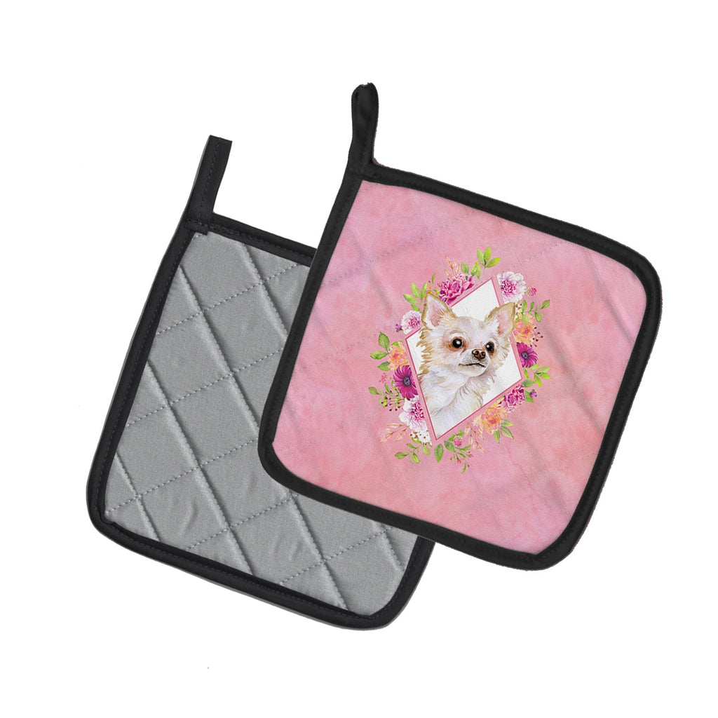 Long Hair Chihuahua Pink Flowers Pot Holder Set of 2 Heat Resistant Quilted Hot Pads 7.5 x 7.5 Inch, Insulated Kitchen Trivets for Cooking & Baking