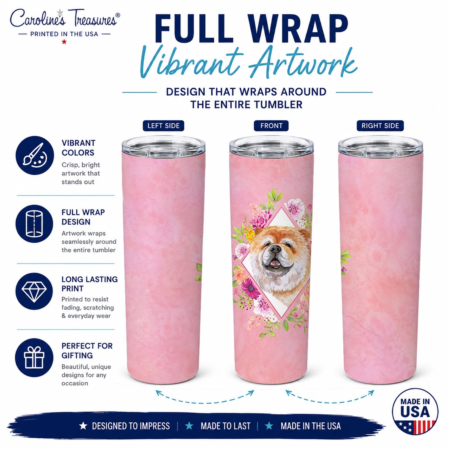 Chow Chow #2 Pink Flowers Stainless Steel Skinny Tumbler 20 oz Vacuum Double Walled Reusable Insulated Travel Cup