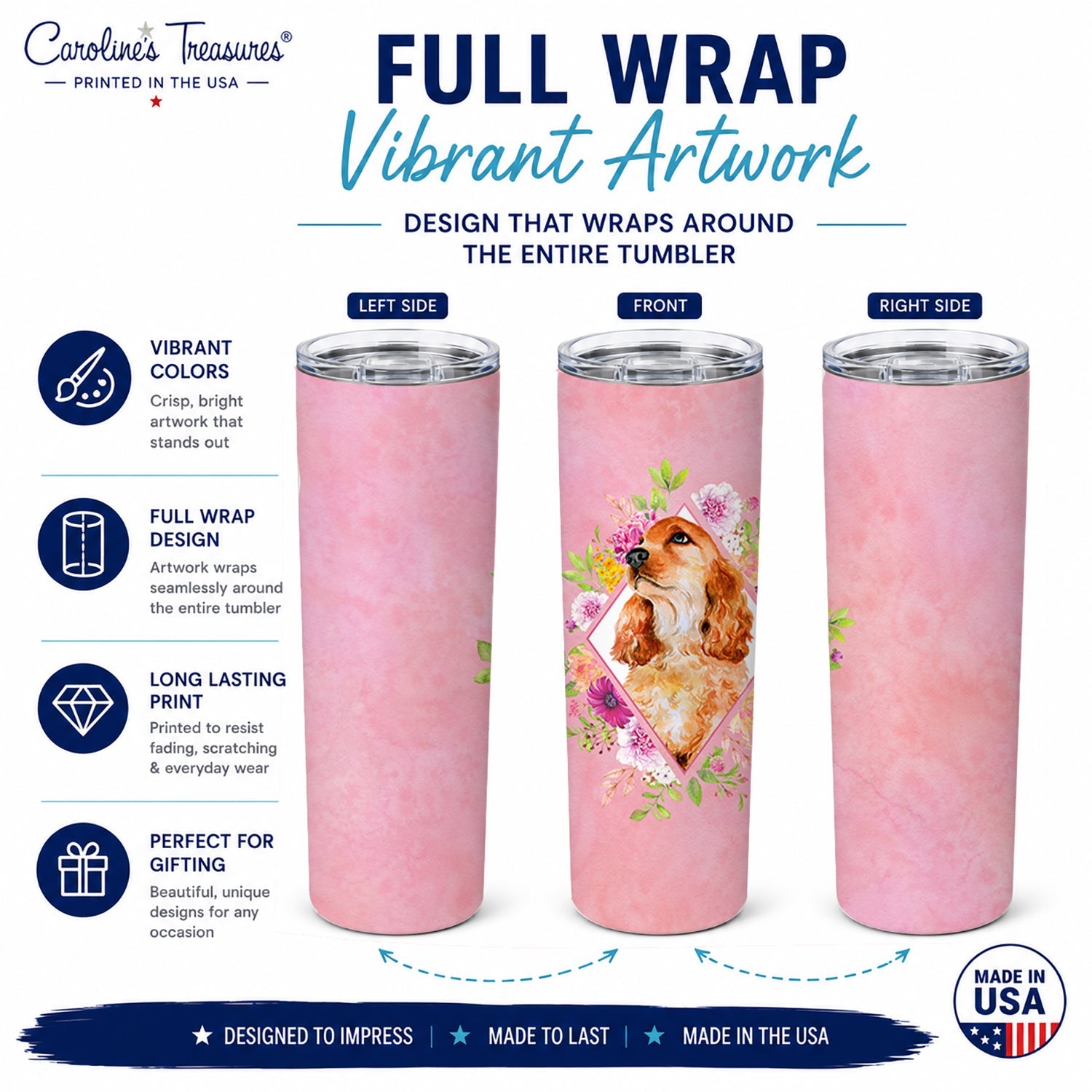 Cocker Spaniel #2 Pink Flowers Stainless Steel Skinny Tumbler 20 oz Vacuum Double Walled Reusable Insulated Travel Cup